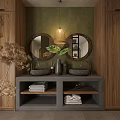 Minimalist Bedroom Interior With Green Wall Wooden Wardrobe TV Plant And Decorative Vase