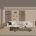 Minimalist Living Room with Beige Sofa Wooden Coffee Table Rattan Bookshelf and Area Rug