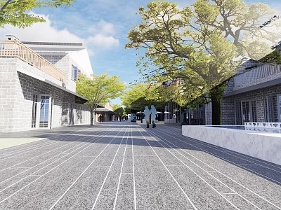 Spacious Commercial Street With Brick Buildings Trees And Pedestrians Under Blue Sky 3d model