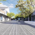 Spacious Commercial Street With Brick Buildings Trees And Pedestrians Under Blue Sky