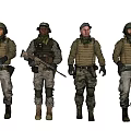 Four Game and Movie Military Characters in Tactical Gear with Weapons on Dark Background