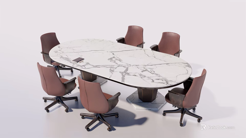 Modern Oval Conference Table With White Marble Top And Brown Office Chairs With Wheels 3d model 