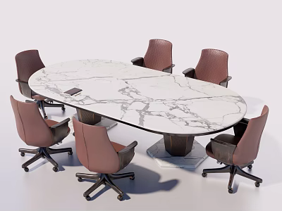 Modern Oval Conference Table With White Marble Top And Brown Office Chairs With Wheels 3d model