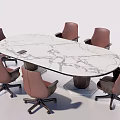 Modern Oval Conference Table With White Marble Top And Brown Office Chairs With Wheels