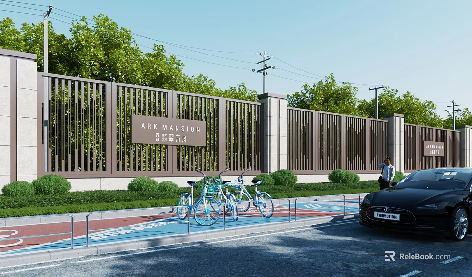Iron Fence Exterior Wall of Armington Estate with Bicycles Car and Green Plants 3d model 