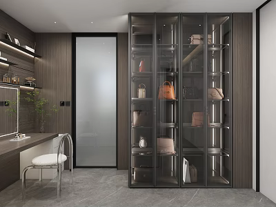 Modern Walk in Closet Interior With Glass Door Shelves Dressing Table Chair And Leather Bags 3d model