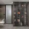 Modern Walk in Closet Interior With Glass Door Shelves Dressing Table Chair And Leather Bags
