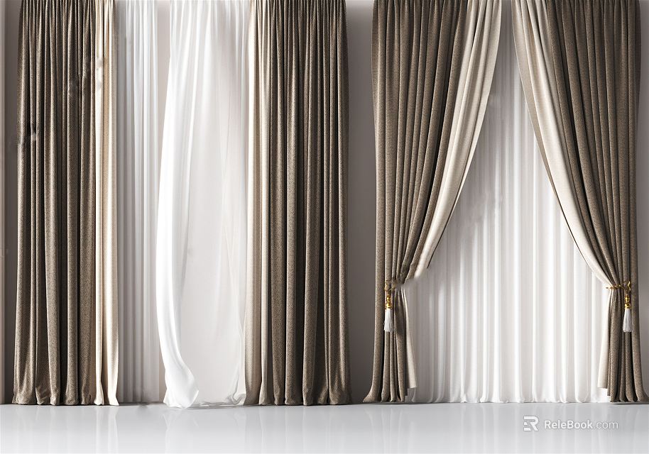 Elegant Velvet Curtains In Beige White And Brown Tones For Modern Home Interior 3d model 