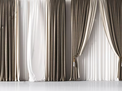 Elegant Velvet Curtains In Beige White And Brown Tones For Modern Home Interior 3d model