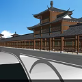 Traditional Chinese Bridge With Ancient Architecture Over River And Green Grass Under Blue Sky