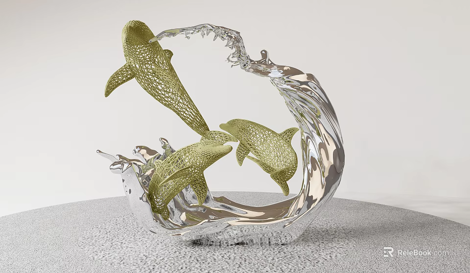 Artistic Green Dolphin Sculpture With Silver Wave Design And Carving Details 3d model 