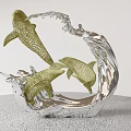 Artistic Green Dolphin Sculpture With Silver Wave Design And Carving Details