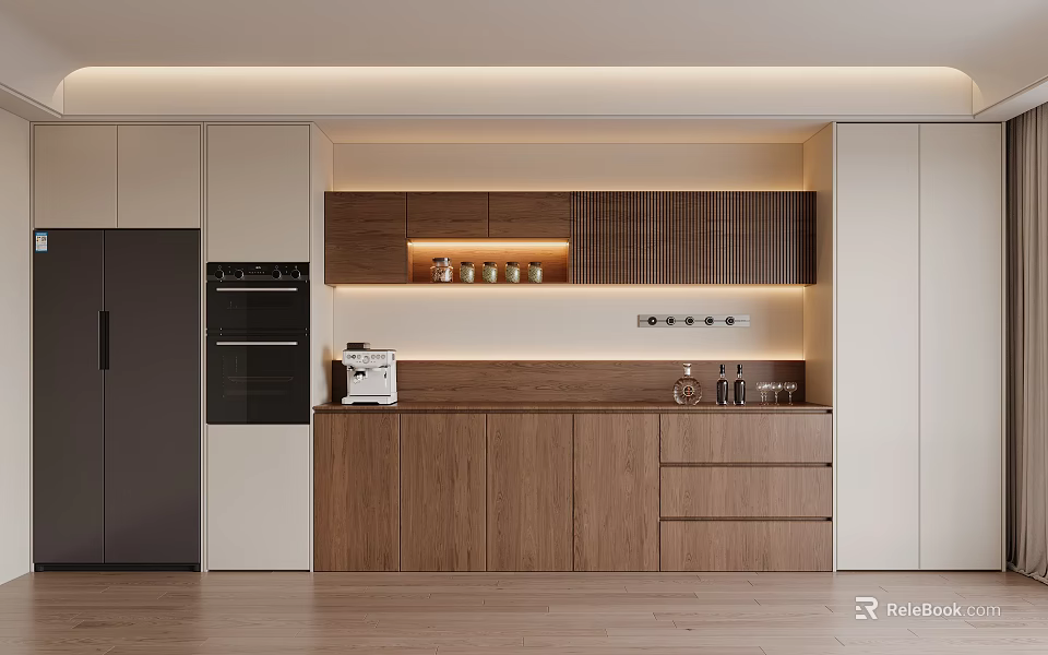 Modern Kitchen Sideboard with Wooden Storage and Ambient Lighting Design 3d model 