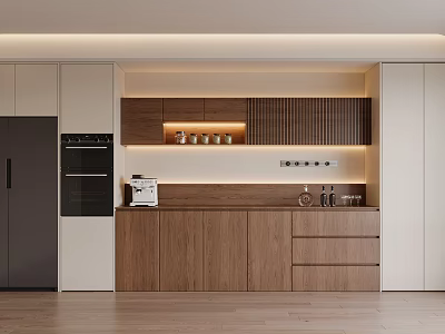 Modern Kitchen Sideboard with Wooden Storage and Ambient Lighting Design 3d model