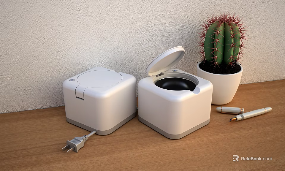 White Square Medical Devices With Open Lid And Black Interior On Wooden Tabletop 3d model 