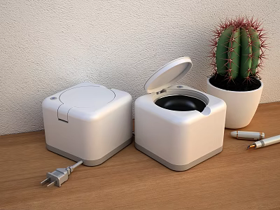 White Square Medical Devices With Open Lid And Black Interior On Wooden Tabletop 3d model