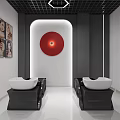 Modern Beauty Hair Salon Interior With Hexagonal Lights Red Mirrors And Barber Chairs