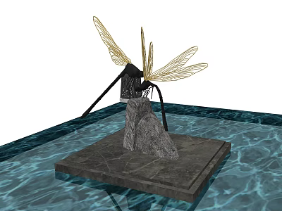 Garden Ornament Dragonfly Sculpture With Golden Wings Stone Base On Square Slab In Water Pool 3d model