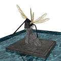 Garden Ornament Dragonfly Sculpture With Golden Wings Stone Base On Square Slab In Water Pool