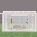 Sunroom with Transparent Glass Walls Featuring Sofa Coffee Table and Green Plants on Grass