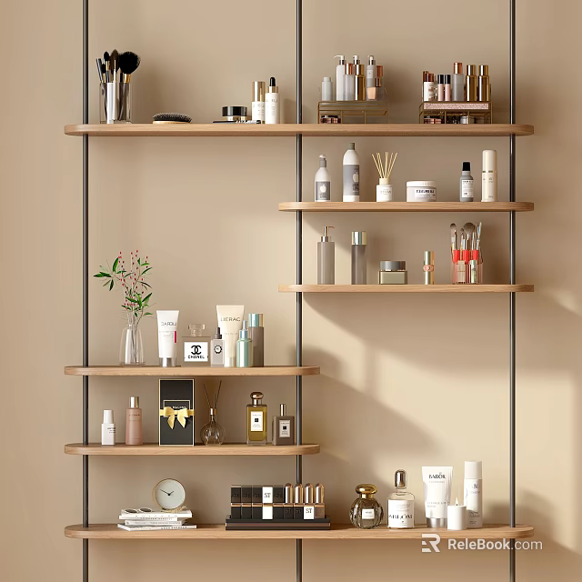 Organized Perfume And Cosmetics Display On Shelves With Various Beauty Products And Decorative Items 3d model 