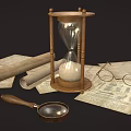 Vintage Decorative Ornament Set with Hourglass Scrolls Old Papers Magnifying Glass and Glasses