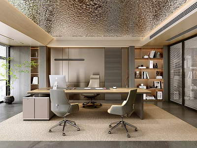Modern Office Interior With Wooden Desk Ergonomic Chairs Bookshelves Green Plant And Silver Ceiling 3d model