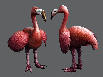 Two Pink Flamingos with Vibrant Textured Feathers Standing Side by Side 3d model Two Pink Flamingos with Vibrant Textured Feathers Standing Side by Side 3d model
