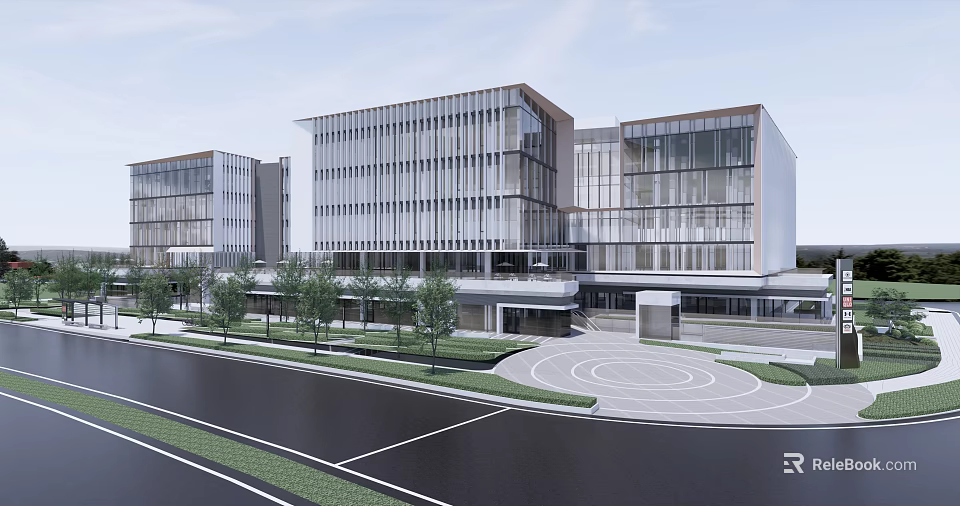 Modern Commercial Complex With Glass Curtain Walls Landscaped Areas And Circular Plaza 3d model 