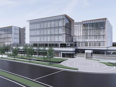 Modern Commercial Complex With Glass Curtain Walls Landscaped Areas And Circular Plaza 3d model