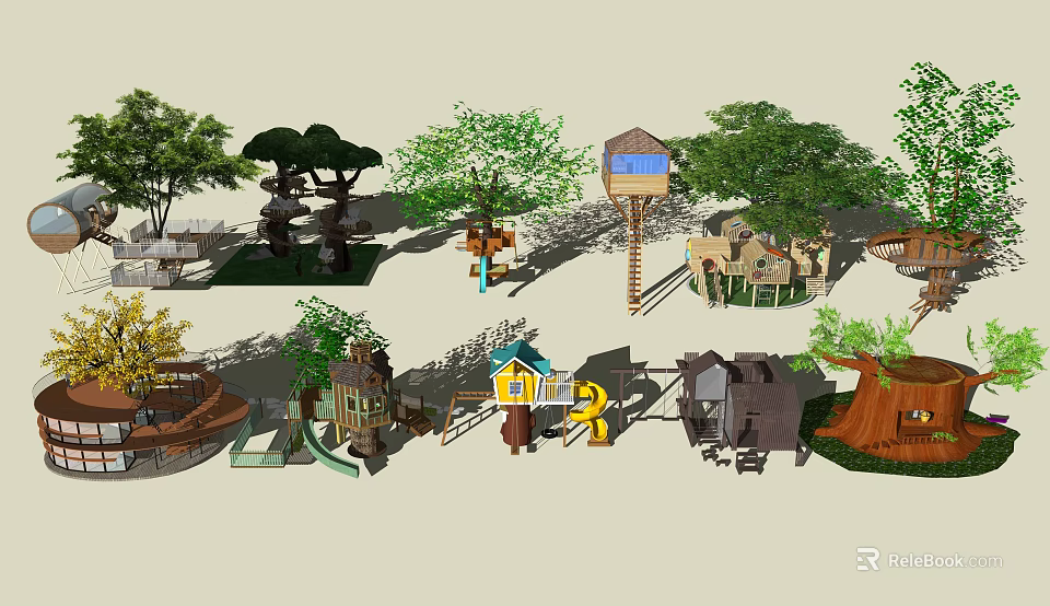 Children's Outdoor Play Structures Featuring Tree Houses Wooden Cabins And Green Trees 3d model 