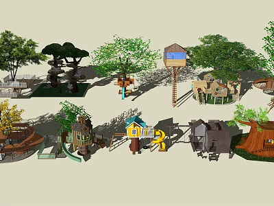 Children's Outdoor Play Structures Featuring Tree Houses Wooden Cabins And Green Trees 3d model