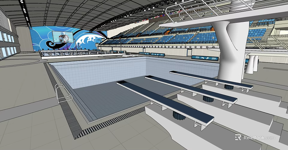 Indoor Swimming Pool With Modern Design Diving Boards And Blue Spectator Seats 3d model 