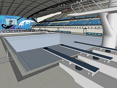 Indoor Swimming Pool With Modern Design Diving Boards And Blue Spectator Seats 3d model