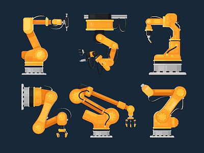 Orange Industrial Robot Arms In Various Poses For Mechanical Design Applications 3d model