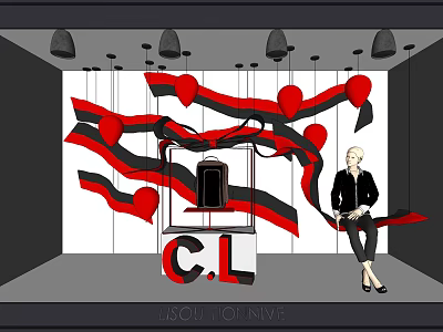 Shop Window Display With Red Black Decorative Strips Letters C L Black Item And Female Model 3d model