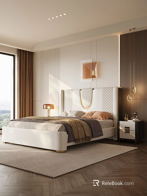 Modern Bedroom Interior With White Geometric Headboard Floor-to-Ceiling Window Wooden Wall Nightstand And Table Lamp 3d model 