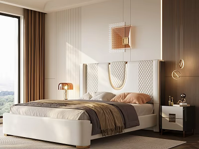 Modern Bedroom Interior With White Geometric Headboard Floor-to-Ceiling Window Wooden Wall Nightstand And Table Lamp 3d model