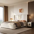Modern Bedroom Interior With White Geometric Headboard Floor-to-Ceiling Window Wooden Wall Nightstand And Table Lamp