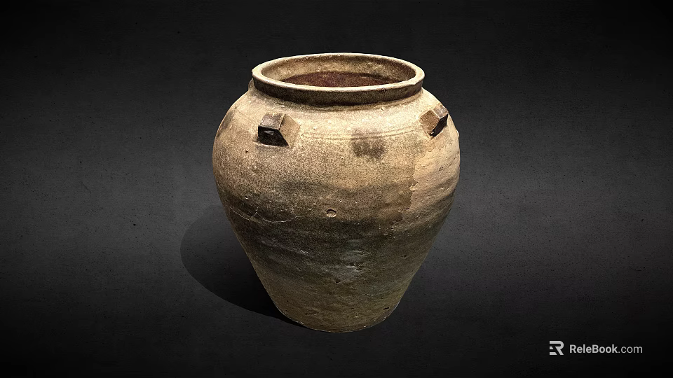 Ancient Pottery Jar With Textured Surface Square Handles And Worn Details Against Dark Background 3d model 