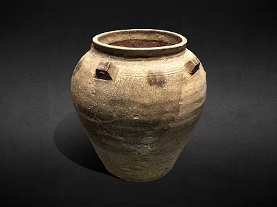 Ancient Pottery Jar With Textured Surface Square Handles And Worn Details Against Dark Background 3d model