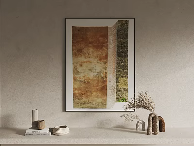 Abstract Wall Art with Earthy Tones on White Shelf with Decorative Vases and Books 3d model