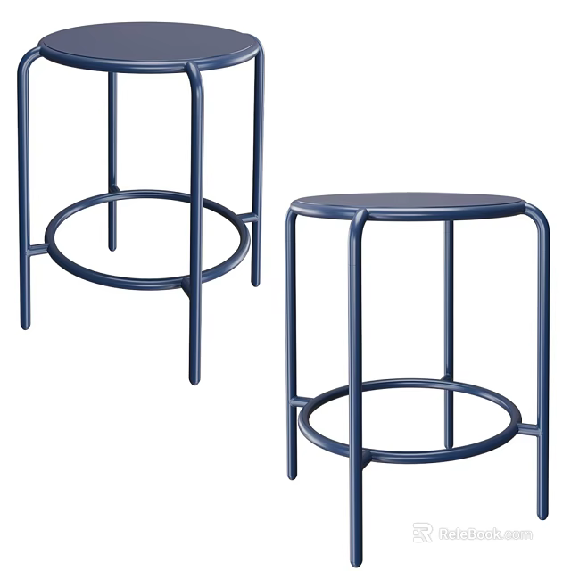 Two Blue Modern Stools With Metal Frame And Round Seat Design 3d model 