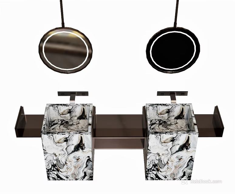 Modern Bathroom Vanity With Double Marble Pattern Sinks And Hanging Round Mirrors 3d model