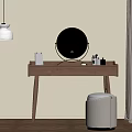 Elegant Dressing Table With Round Mirror Padded Stool And Makeup Items Against Beige Wall 3d model