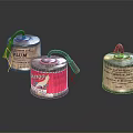 Vintage Metal Paint Thinner Cans With TATTOO Label And FULLM Brand On Shiny Black Surface