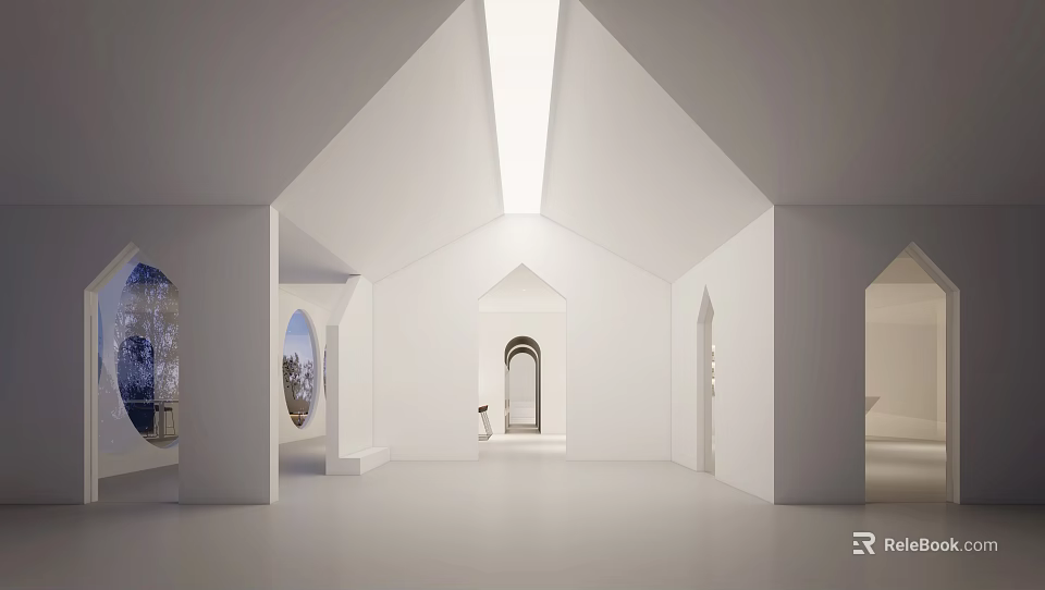 Spacious Modern Exhibition Hall Interior With White Vaulted Ceiling Skylight And Archways 3d model 