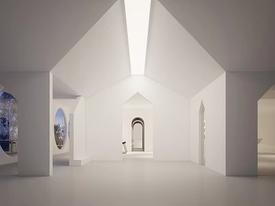 Spacious Modern Exhibition Hall Interior With White Vaulted Ceiling Skylight And Archways 3d model