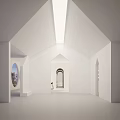 Spacious Modern Exhibition Hall Interior With White Vaulted Ceiling Skylight And Archways