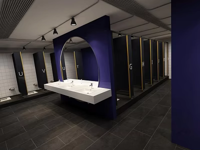 Public Restroom Interior With Purple Partitions White Sink Mirror And Black Floor Tiles 3d model